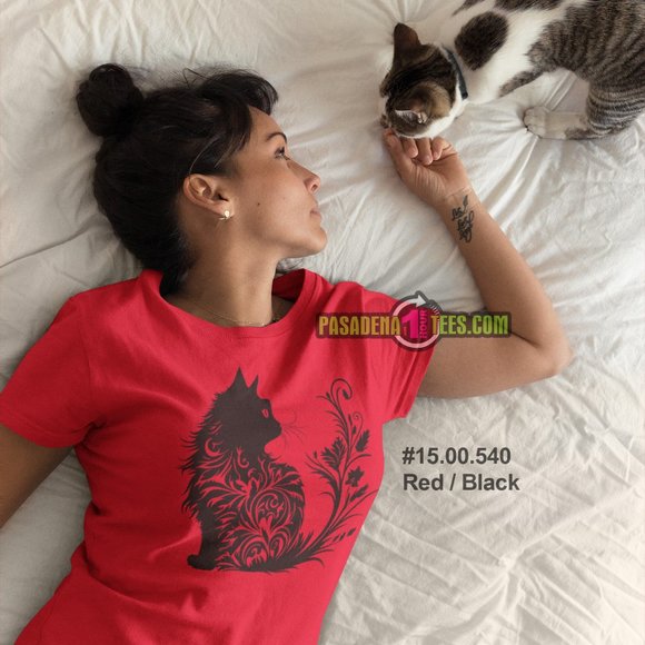 NEW Silhouette Cat Kitten Swirls Floral Red, Royal & White Tee Sz Small up to 1X - Picture 1 of 3